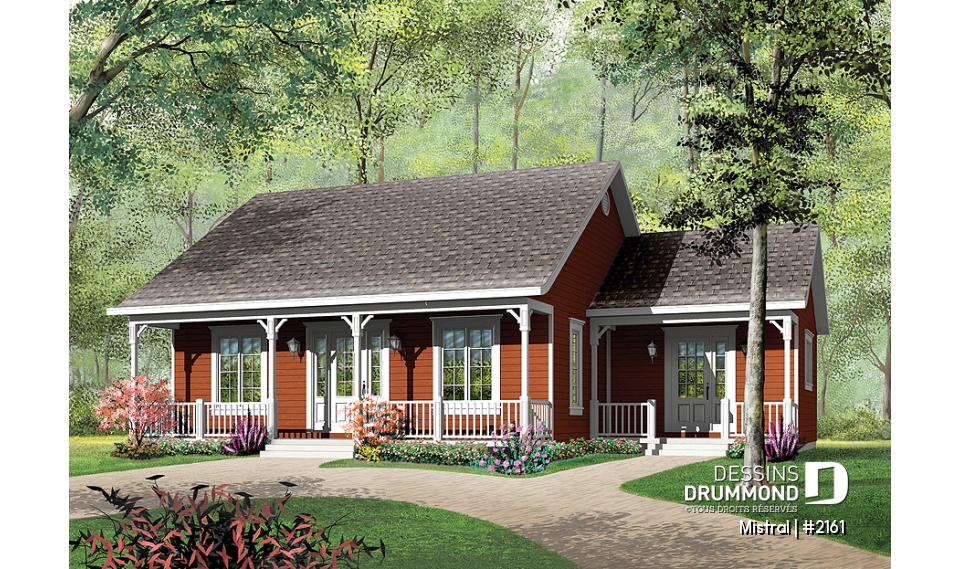 Vue avant - MODÈLE DE BASE - Plan de plain-pied 3 chambres au rez-de-chaussée, grande cuisine, grand balcon avant couvert - Mistral