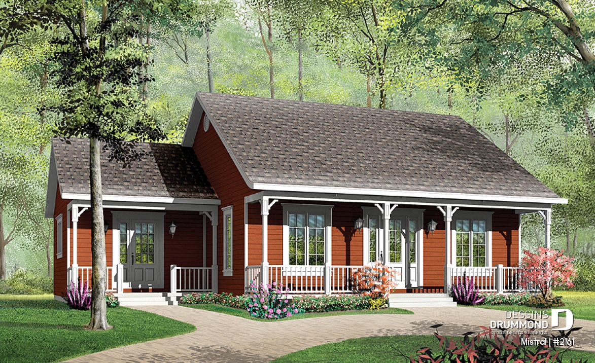 Vue avant - MODÈLE DE BASE - Plan de plain-pied 3 chambres au rez-de-chaussée, grande cuisine, grand balcon avant couvert - Mistral