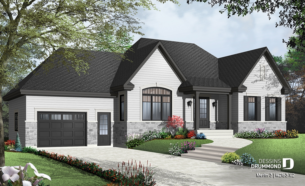 Version couleur no. 5 - Vue avant - Plan de maison bungalow style champêtre rustique craftsman, 2 chambres, espace bureau, garage - Merlin 3