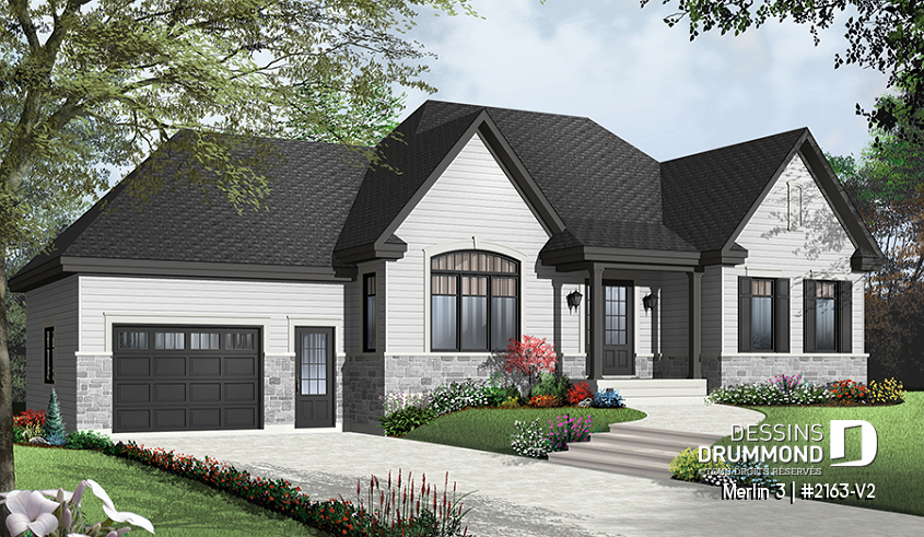Version couleur no. 5 - Vue avant - Plan de maison bungalow style champêtre rustique craftsman, 2 chambres, espace bureau, garage - Merlin 3