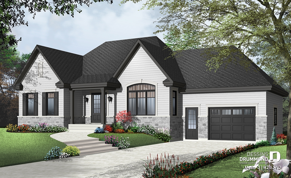 Version couleur no. 5 - Vue avant - Plan de maison bungalow style champêtre rustique craftsman, 2 chambres, espace bureau, garage - Merlin 3