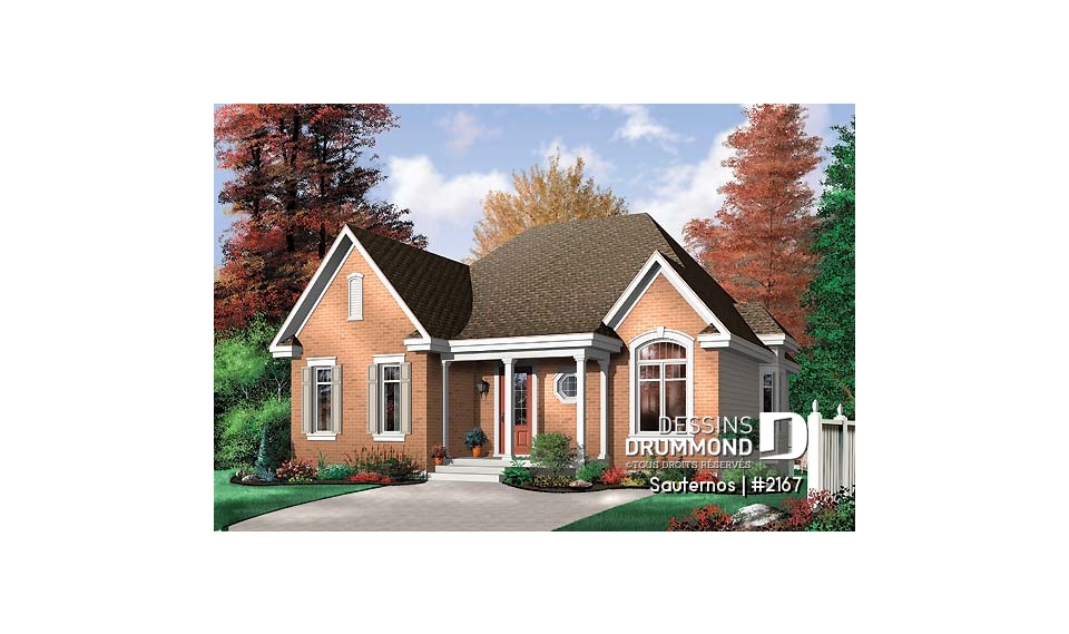 Vue avant - MODÈLE DE BASE - Bungalow économique, terrain étroit, 2 chambres, cuisine avec comptoir-lunch - Sauternos