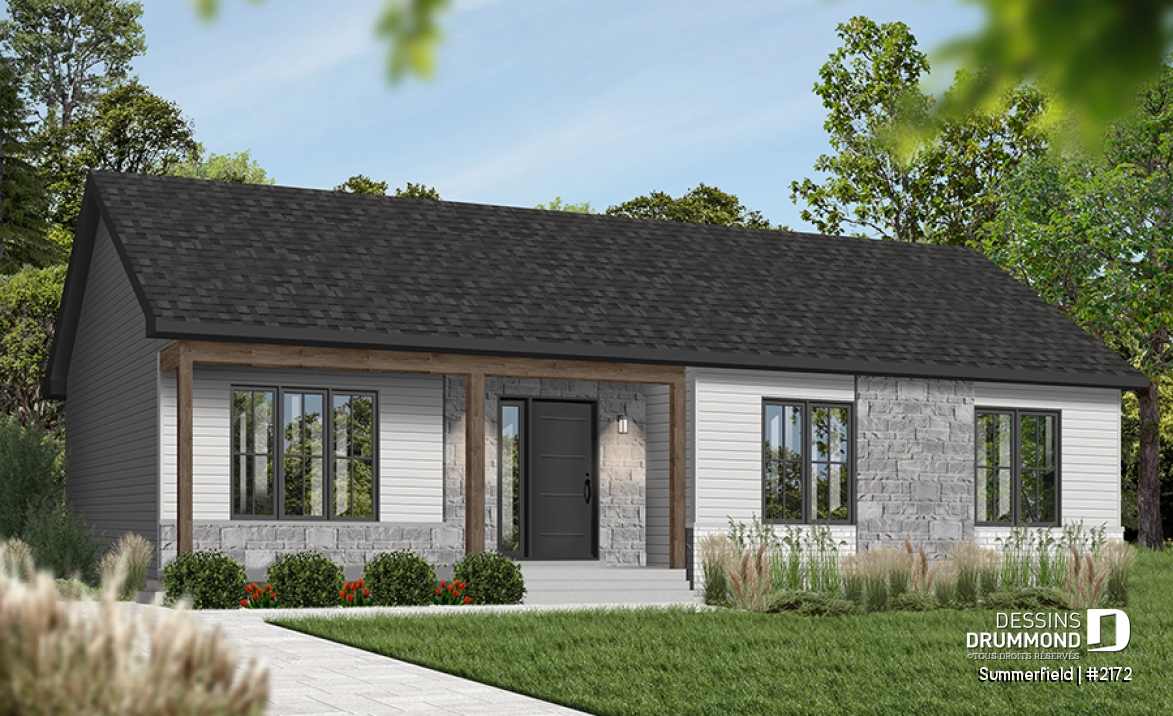 Version couleur no. 6 - Vue avant - Plan de maison de plain-pied ranch 3 chambres, cuisine conviviale et grand balcon avant abrité. - Summerfield