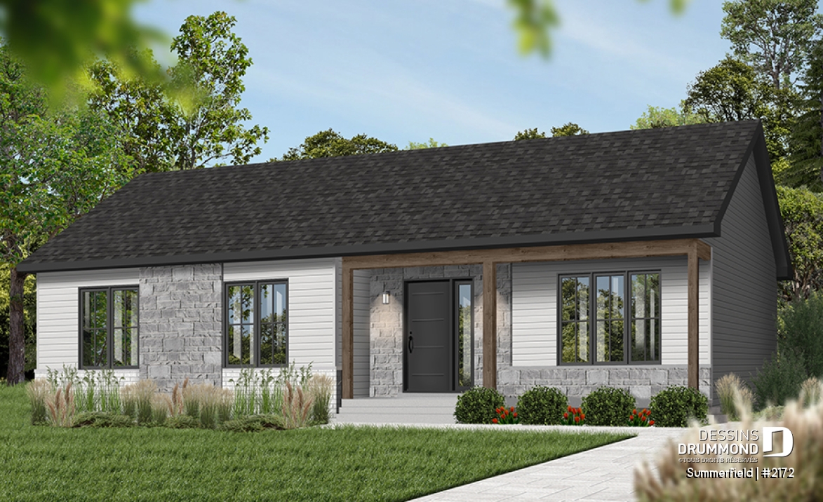 Version couleur no. 6 - Vue avant - Plan de maison de plain-pied ranch 3 chambres, cuisine conviviale et grand balcon avant abrité. - Summerfield