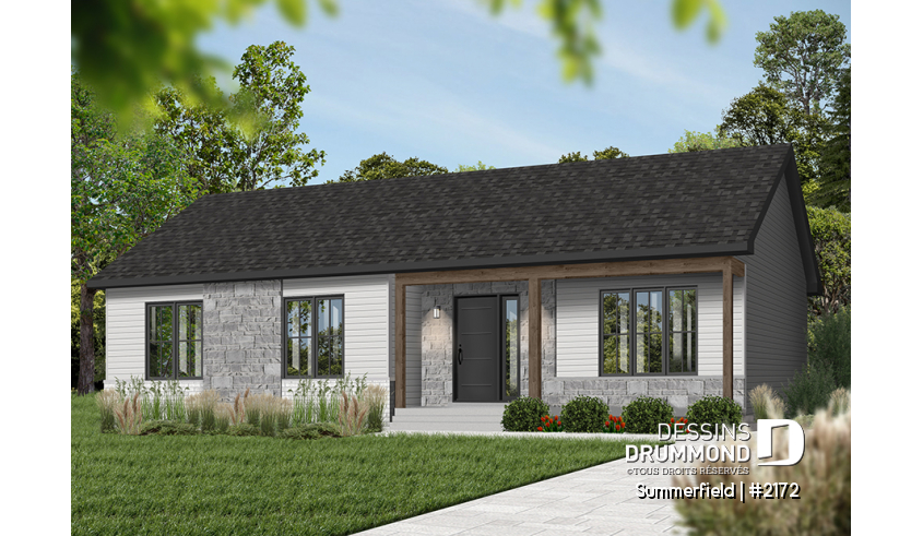 Version couleur no. 6 - Vue avant du plan de maison unifamiliale 2172 Version couleur no. 6 - Vue avant - Plan de maison de plain-pied ranch 3 chambres, cuisine conviviale et grand balcon avant abrité. - Summerfield