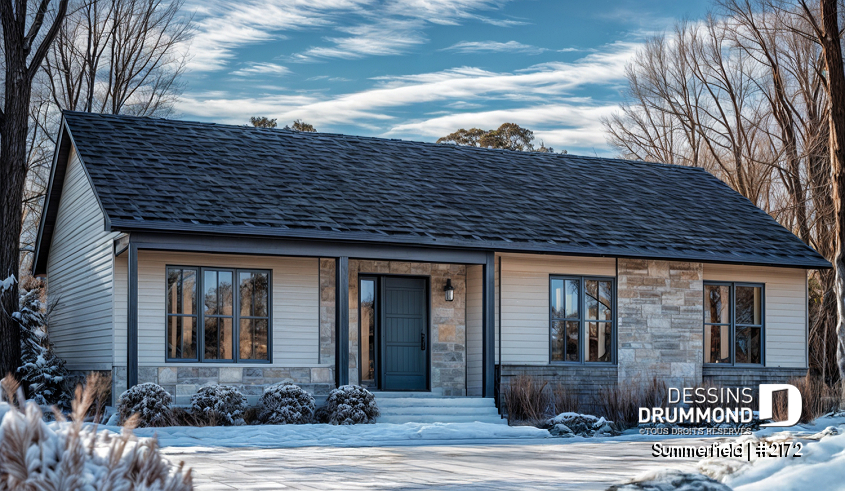 Version couleur no. 7 - Vue avant - Plan de maison de plain-pied ranch 3 chambres, cuisine conviviale et grand balcon avant abrité. - Summerfield