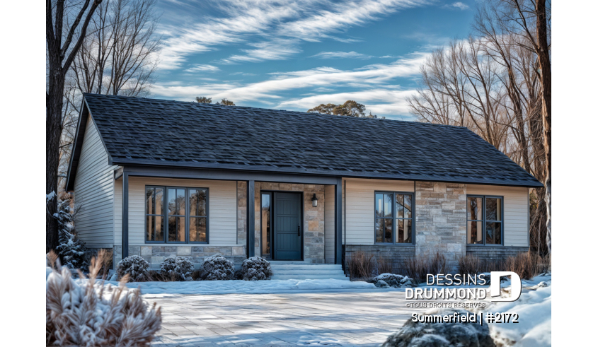 Version couleur no. 7 - Vue avant - Plan de maison de plain-pied ranch 3 chambres, cuisine conviviale et grand balcon avant abrité. - Summerfield