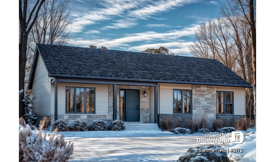 Version couleur no. 7 - Vue avant - Plan de maison de plain-pied ranch 3 chambres, cuisine conviviale et grand balcon avant abrité. - Summerfield