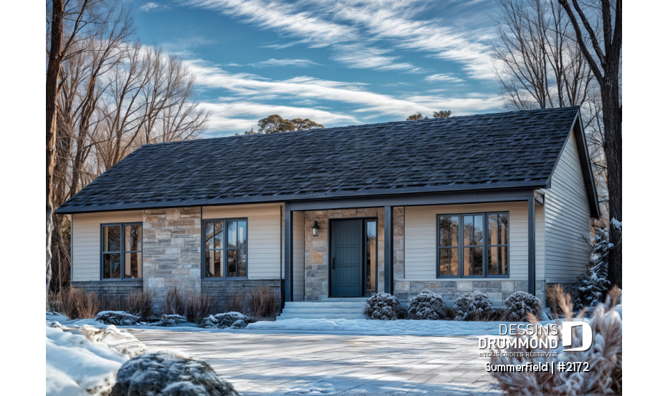 Version couleur no. 7 - Vue avant - Plan de maison de plain-pied ranch 3 chambres, cuisine conviviale et grand balcon avant abrité. - Summerfield