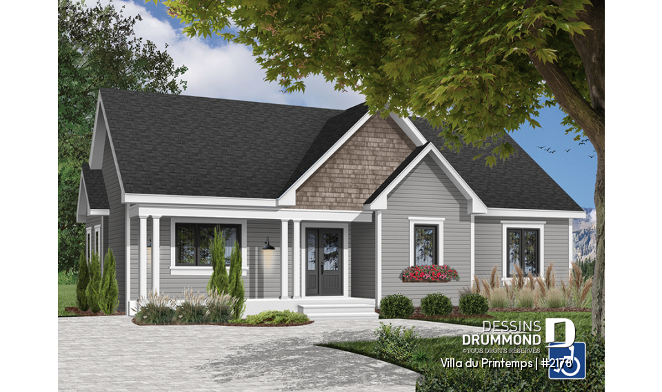 Vue avant - MODÈLE DE BASE - Plain-pied adapté pour fauteuil roulant, 2 grandes chambres, buanderie au rds, aire ouverte - Villa du Printemps