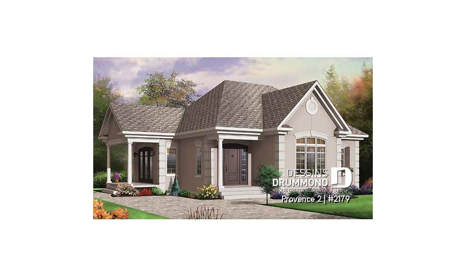 Vue avant - MODÈLE DE BASE - Plan de maison avec chambre des maîtres au r-d-c, walk-in, grande salle de bain, vestibule - Provence 2