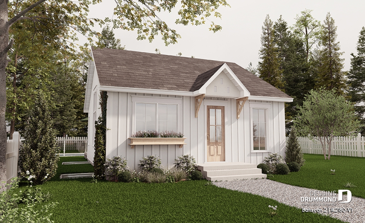 Vue avant - MODÈLE DE BASE - Plan de petit plain-pied, 1 à 3 chambres, banquette à la cuisine, s-sol aménagé optionnel ($), prix abordable - Batiscan 2