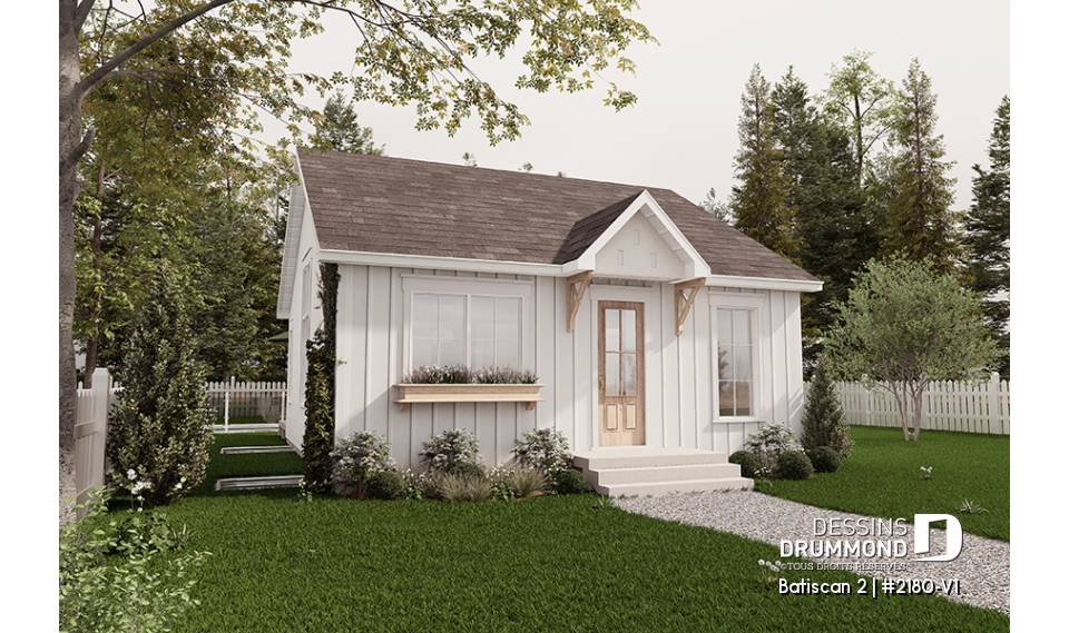 Vue avant - MODÈLE DE BASE - Plan de petit plain-pied, 1 à 3 chambres, banquette à la cuisine, s-sol aménagé optionnel ($), prix abordable - Batiscan 2