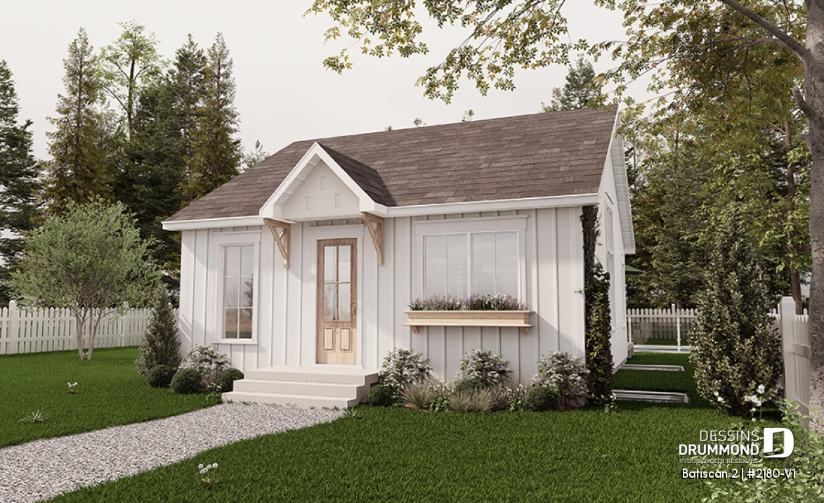 Vue avant - MODÈLE DE BASE - Plan de petit plain-pied, 1 à 3 chambres, banquette à la cuisine, s-sol aménagé optionnel ($), prix abordable - Batiscan 2
