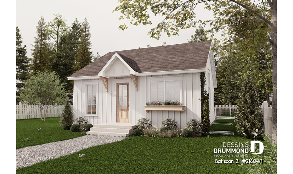 Vue avant - MODÈLE DE BASE - Plan de petit plain-pied, 1 à 3 chambres, banquette à la cuisine, s-sol aménagé optionnel ($), prix abordable - Batiscan 2