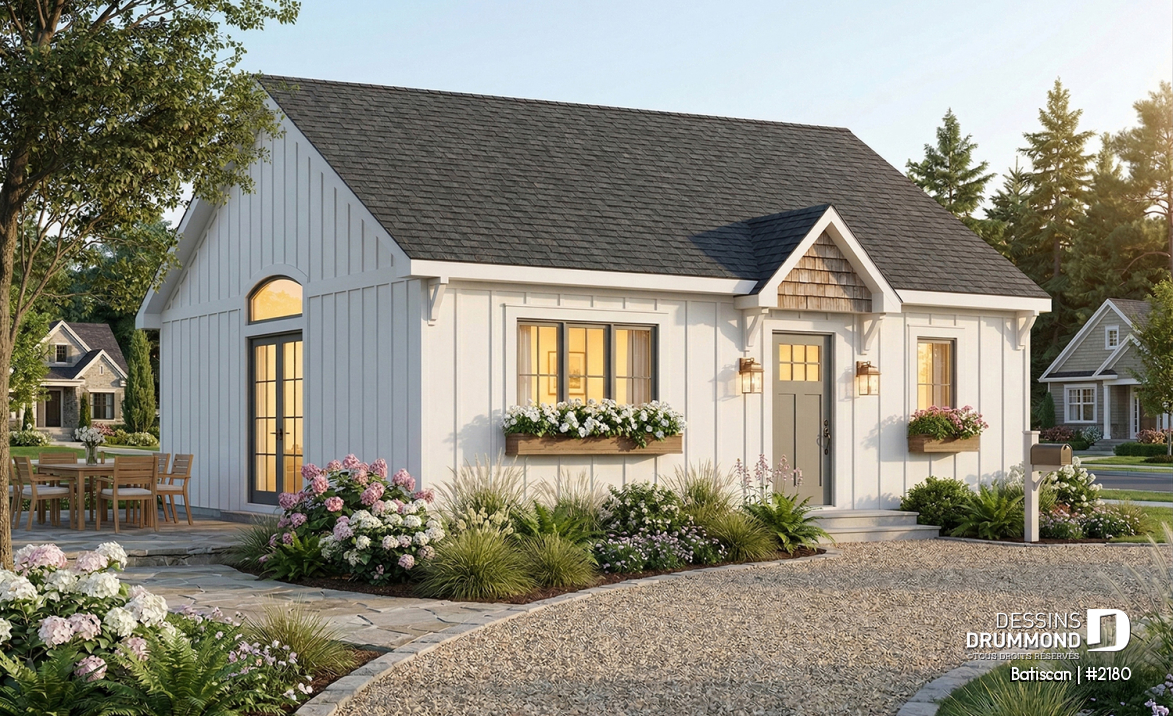 Vue avant - MODÈLE DE BASE - Plan de petite maison plain-pied pas cher style farmhouse, lumineux, idéal pour premier achat ou petit budge - Batiscan