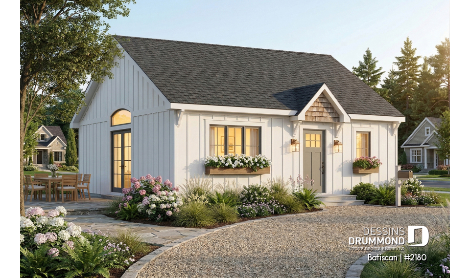 Vue avant - MODÈLE DE BASE - Plan de petite maison plain-pied pas cher style farmhouse, lumineux, idéal pour premier achat ou petit budge - Batiscan