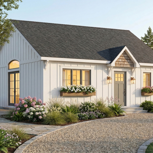 Vue avant - MODÈLE DE BASE - Plan de petite maison plain-pied pas cher style farmhouse, lumineux, idéal pour premier achat ou petit budge - Batiscan