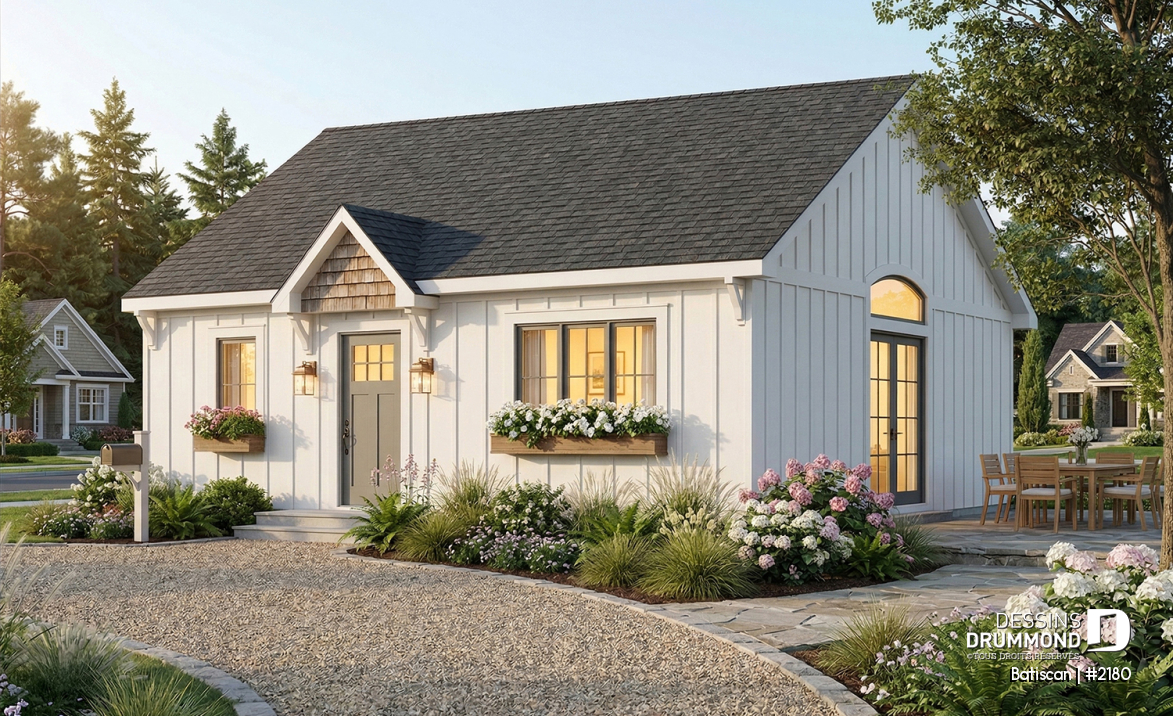 Vue avant - MODÈLE DE BASE - Plan de petite maison plain-pied pas cher style farmhouse, lumineux, idéal pour premier achat ou petit budge - Batiscan