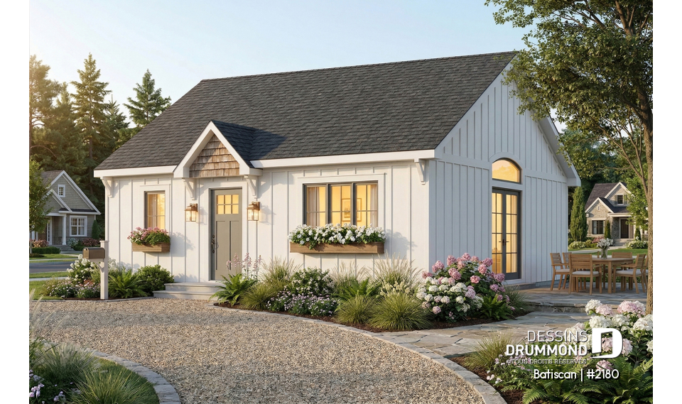 Vue avant - MODÈLE DE BASE - Plan de petite maison plain-pied pas cher style farmhouse, lumineux, idéal pour premier achat ou petit budge - Batiscan