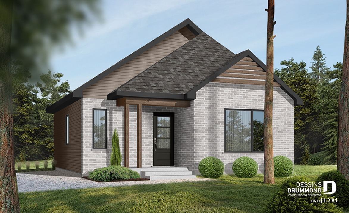 Vue avant - MODÈLE DE BASE - Plan de petite maison économique, 2 à 4 chambres, sous-sol aménagé (optionnel $), plancher à aire ouverte - Lova
