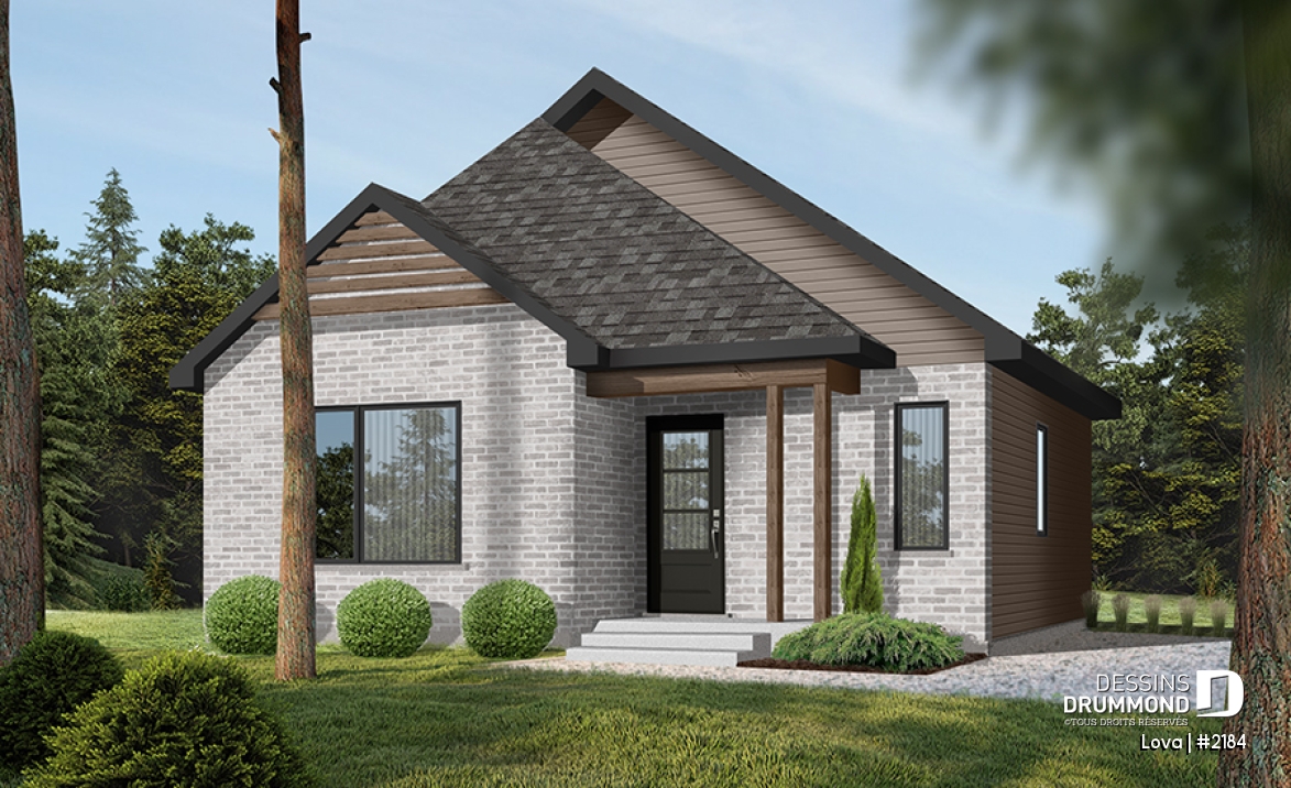 Vue avant - MODÈLE DE BASE - Plan de petite maison économique, 2 à 4 chambres, sous-sol aménagé (optionnel $), plancher à aire ouverte - Lova