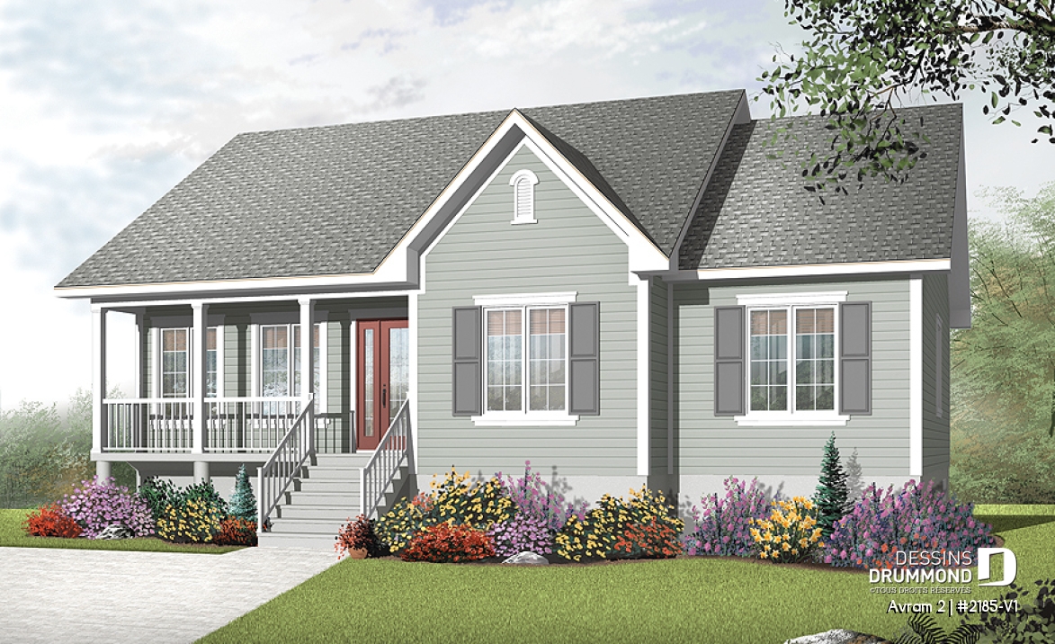 Vue avant - MODÈLE DE BASE - Plan de grand plain-pied 3 chambres, chambre parents avec walk-in, buanderie, plafond 8' au r-d-c et 9' s-s - Avram 2