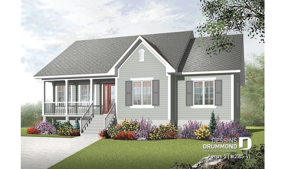 Vue avant - MODÈLE DE BASE - Plan de grand plain-pied 3 chambres, chambre parents avec walk-in, buanderie, plafond 8' au r-d-c et 9' s-s - Avram 2