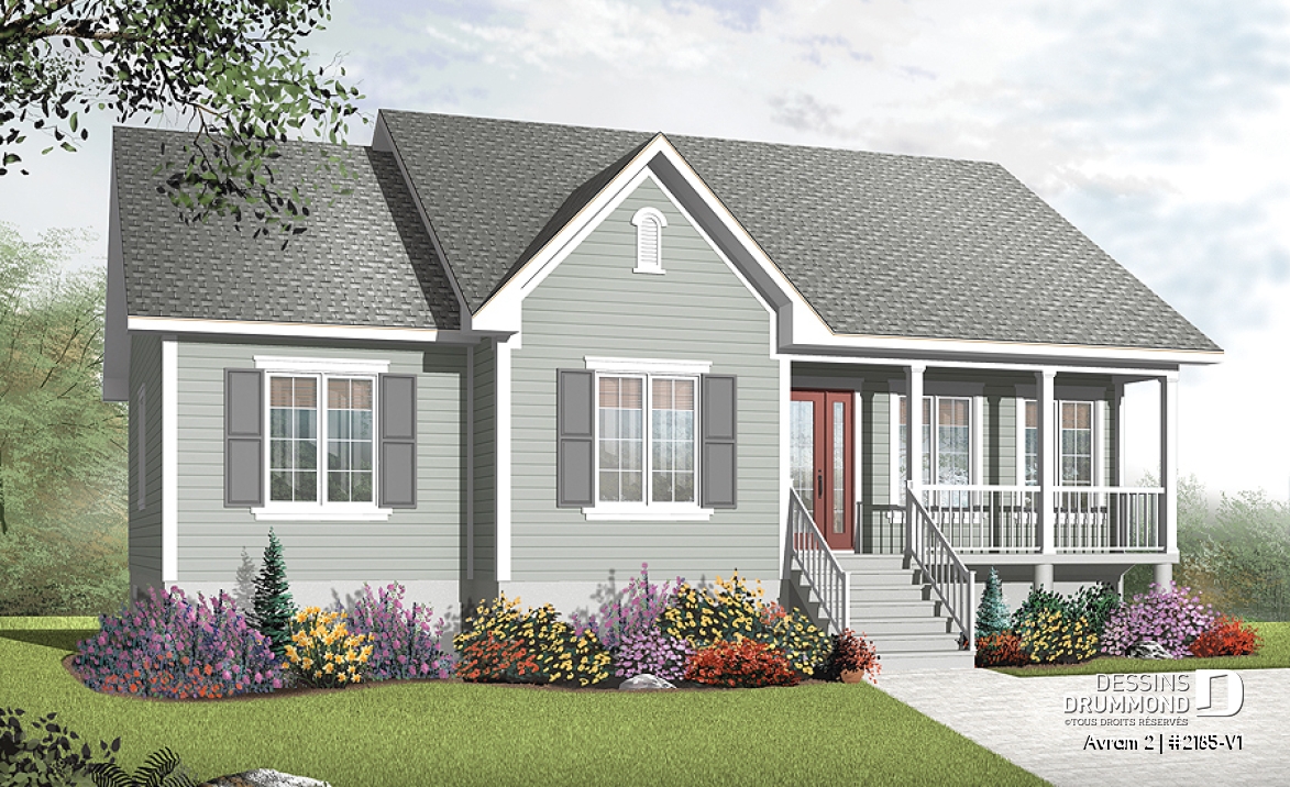 Vue avant - MODÈLE DE BASE - Plan de grand plain-pied 3 chambres, chambre parents avec walk-in, buanderie, plafond 8' au r-d-c et 9' s-s - Avram 2