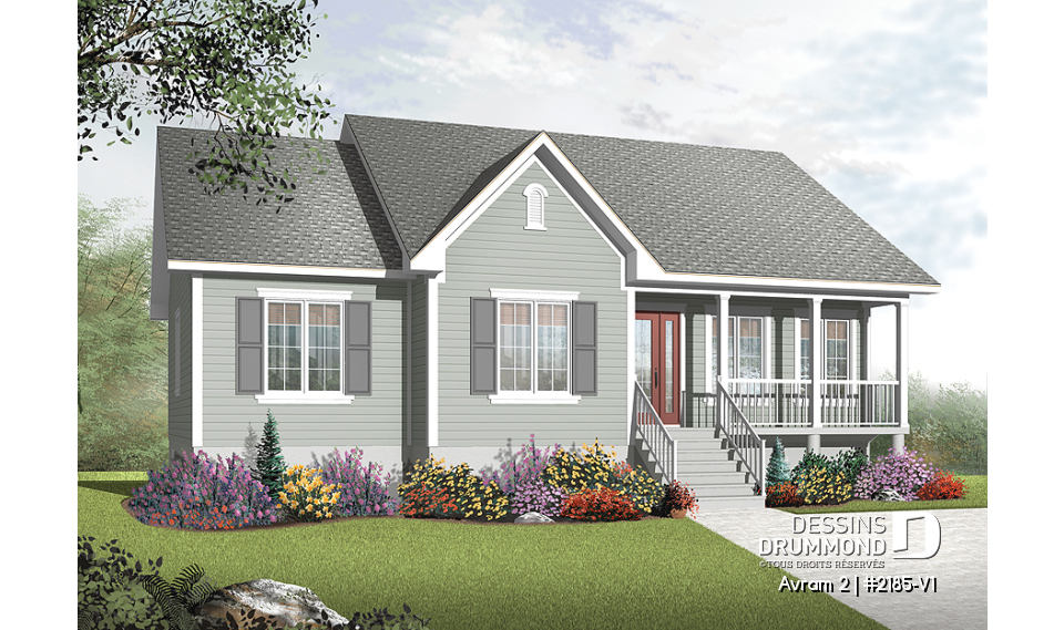 Vue avant - MODÈLE DE BASE - Plan de grand plain-pied 3 chambres, chambre parents avec walk-in, buanderie, plafond 8' au r-d-c et 9' s-s - Avram 2