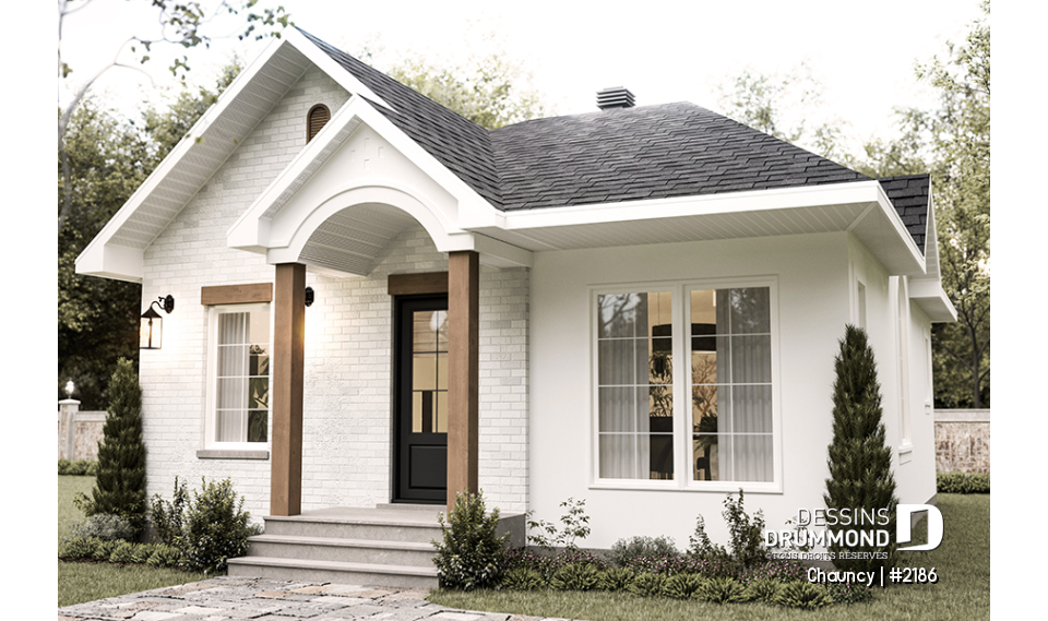 Vue avant - MODÈLE DE BASE - Plain-pied abordable offrant un chambre et un grand îlot à la cuisine, fenêtre à arche à la salle à manger - Chauncy