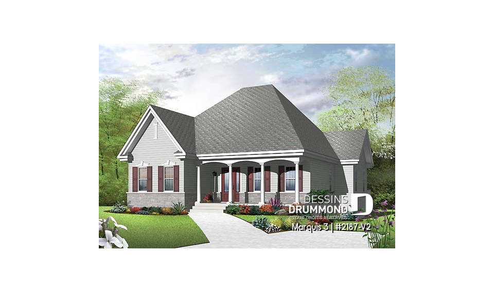 Vue avant - MODÈLE DE BASE - Plan d'un Plain-pied champêtre 2 chambres, garde-manger et îlot à la cuisine, salle lavage au premier - Marquis 3
