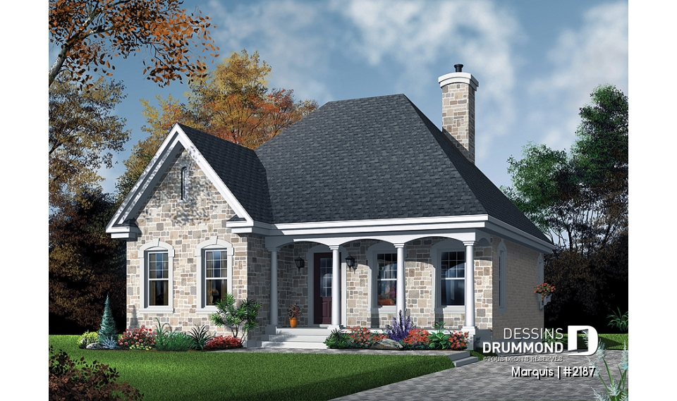 Vue avant - MODÈLE DE BASE - Plan de maison de Style Européen, plain-pied économique, 2 chambres, fenestration abondante - Marquis