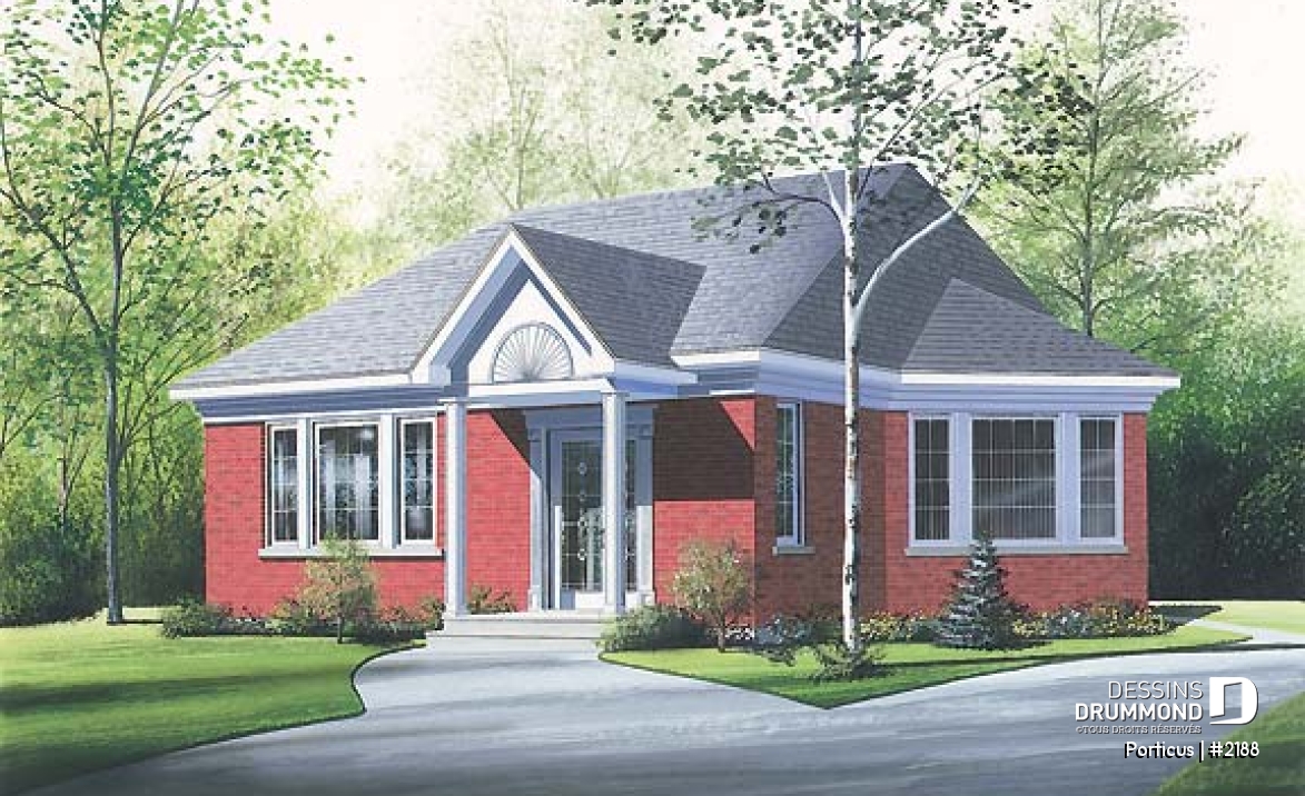 Vue avant - MODÈLE DE BASE - Plan de maison plain-pied 2 chambres, salle à manger bien fenêtrée - Porticus