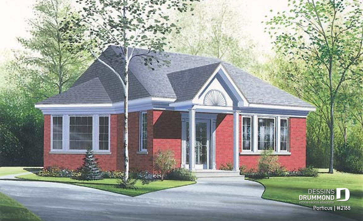Vue avant - MODÈLE DE BASE - Plan de maison plain-pied 2 chambres, salle à manger bien fenêtrée - Porticus