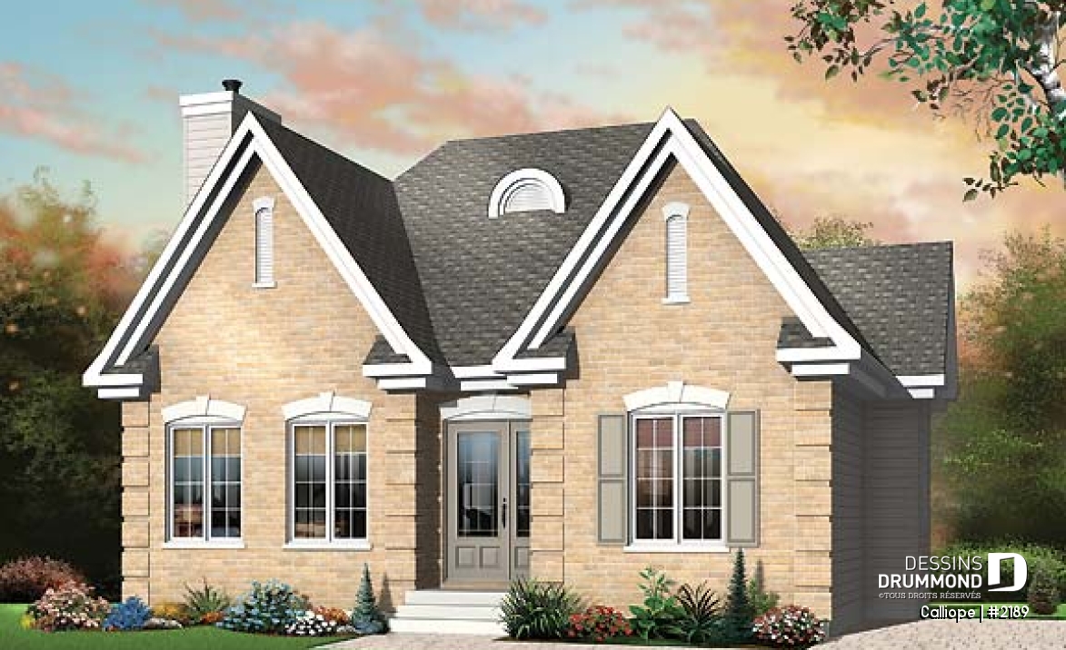 Vue avant - MODÈLE DE BASE - Plan de maison économique, 2 chambres, séjour remarquable avec foyer - Calliope