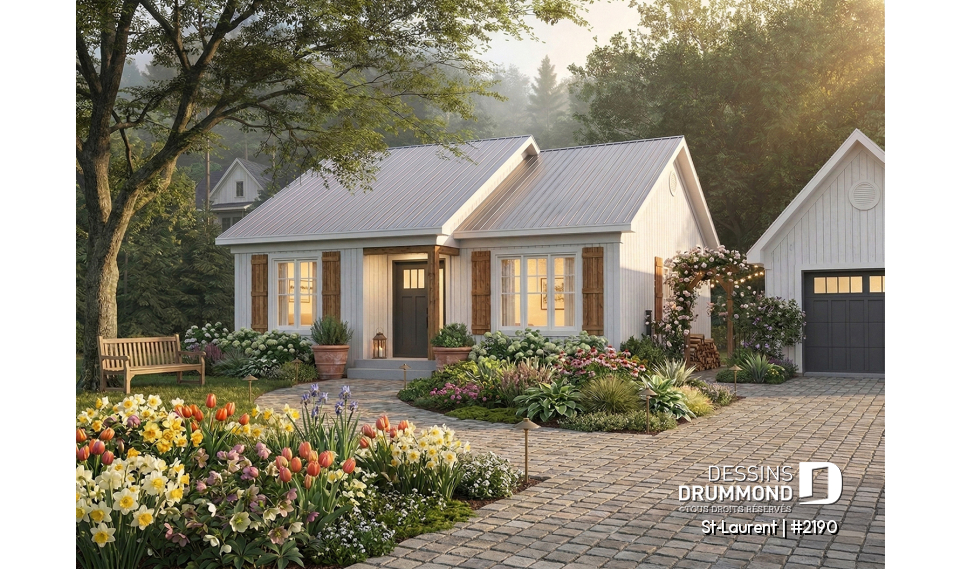 Vue avant - MODÈLE DE BASE - Plain-pied économique 2 à 4 chambres, idéal pour famille, plafond cathédral, sous-sol aménagé optionnel ($) - St-Laurent