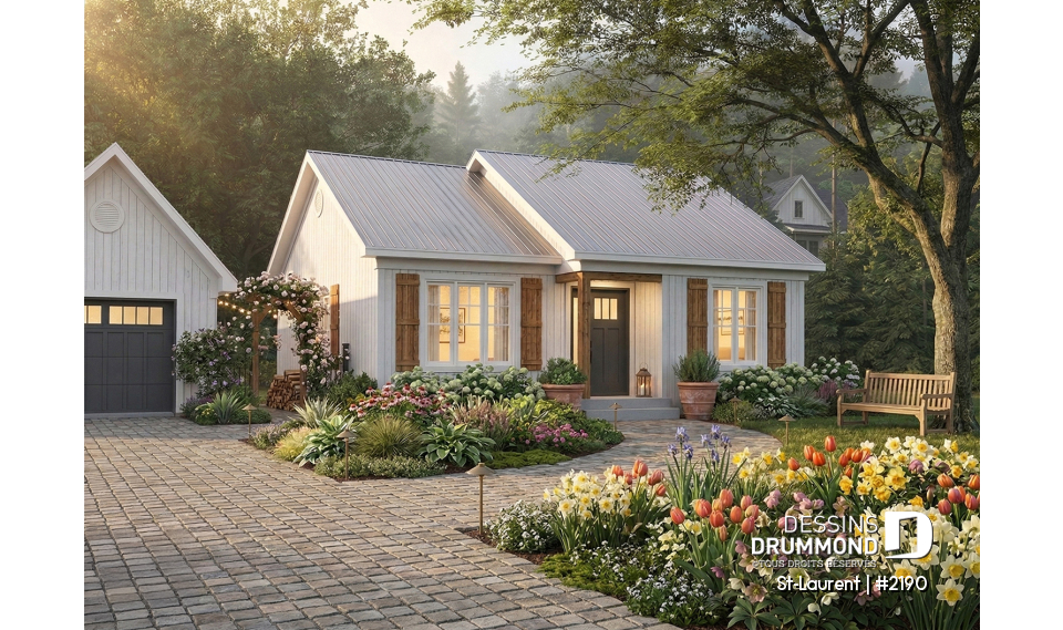 Vue avant - MODÈLE DE BASE - Plain-pied économique 2 à 4 chambres, idéal pour famille, plafond cathédral, sous-sol aménagé optionnel ($) - St-Laurent
