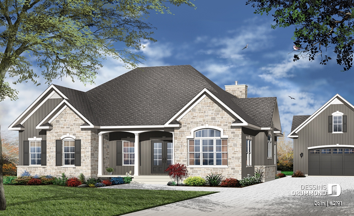 Vue avant - MODÈLE DE BASE - Plan de bungalow ranch, 3 chambres, superbe suite des parents, plafond cathédrale au salon, foyer, lumière - Colin