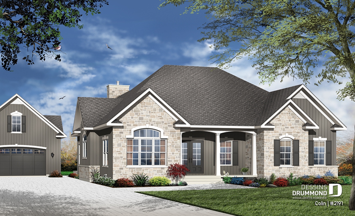 Vue avant - MODÈLE DE BASE - Plan de bungalow ranch, 3 chambres, superbe suite des parents, plafond cathédrale au salon, foyer, lumière - Colin