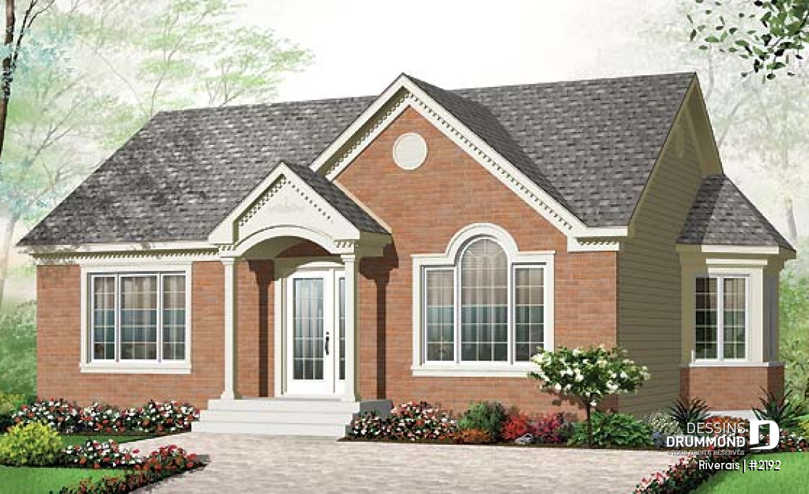 Vue avant - MODÈLE DE BASE - Modèle de plan de maison pour petit budget, 2 chambres, salle à manger tout en lumière - Riverais