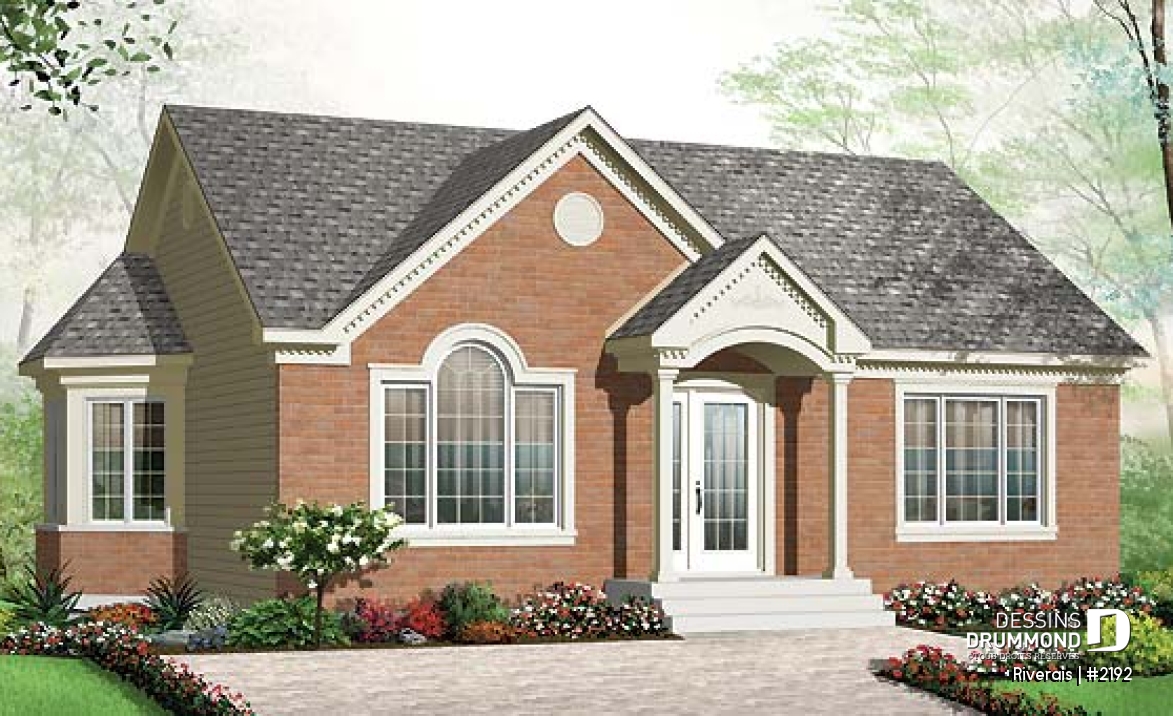 Vue avant - MODÈLE DE BASE - Modèle de plan de maison pour petit budget, 2 chambres, salle à manger tout en lumière - Riverais