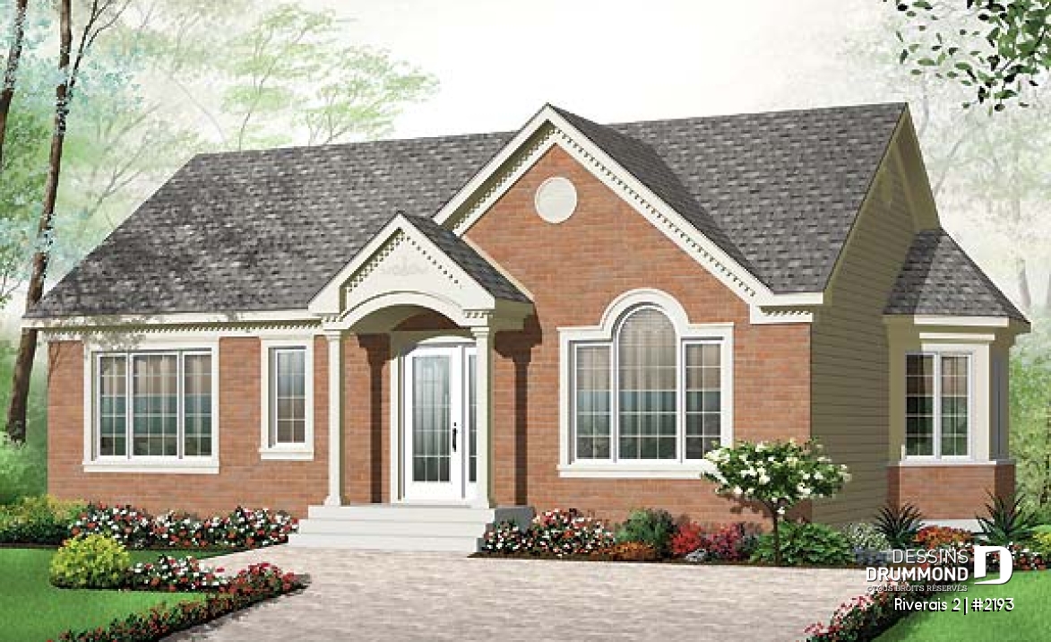 Vue avant - MODÈLE DE BASE - Plan de plain-pied 3 chambres, petit budget, fenestration abondante, belle salle à manger - Riverais 2