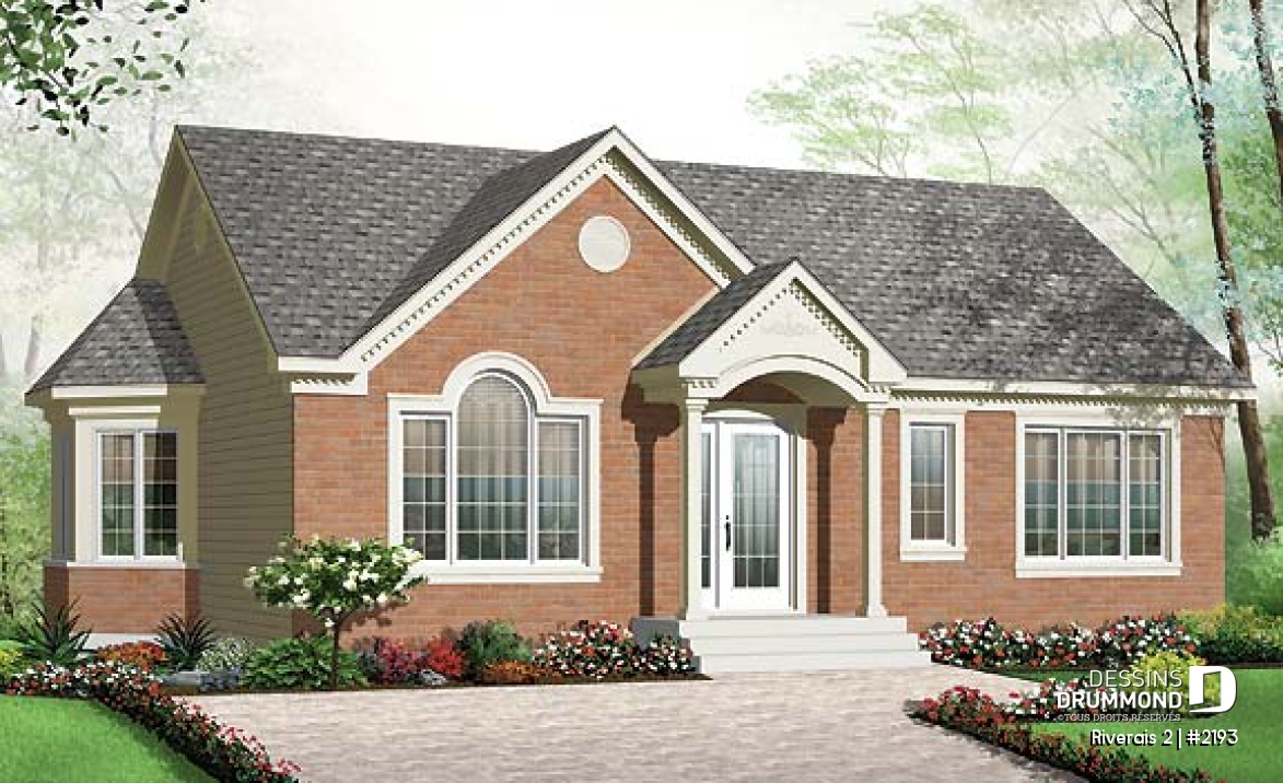 Vue avant - MODÈLE DE BASE - Plan de plain-pied 3 chambres, petit budget, fenestration abondante, belle salle à manger - Riverais 2