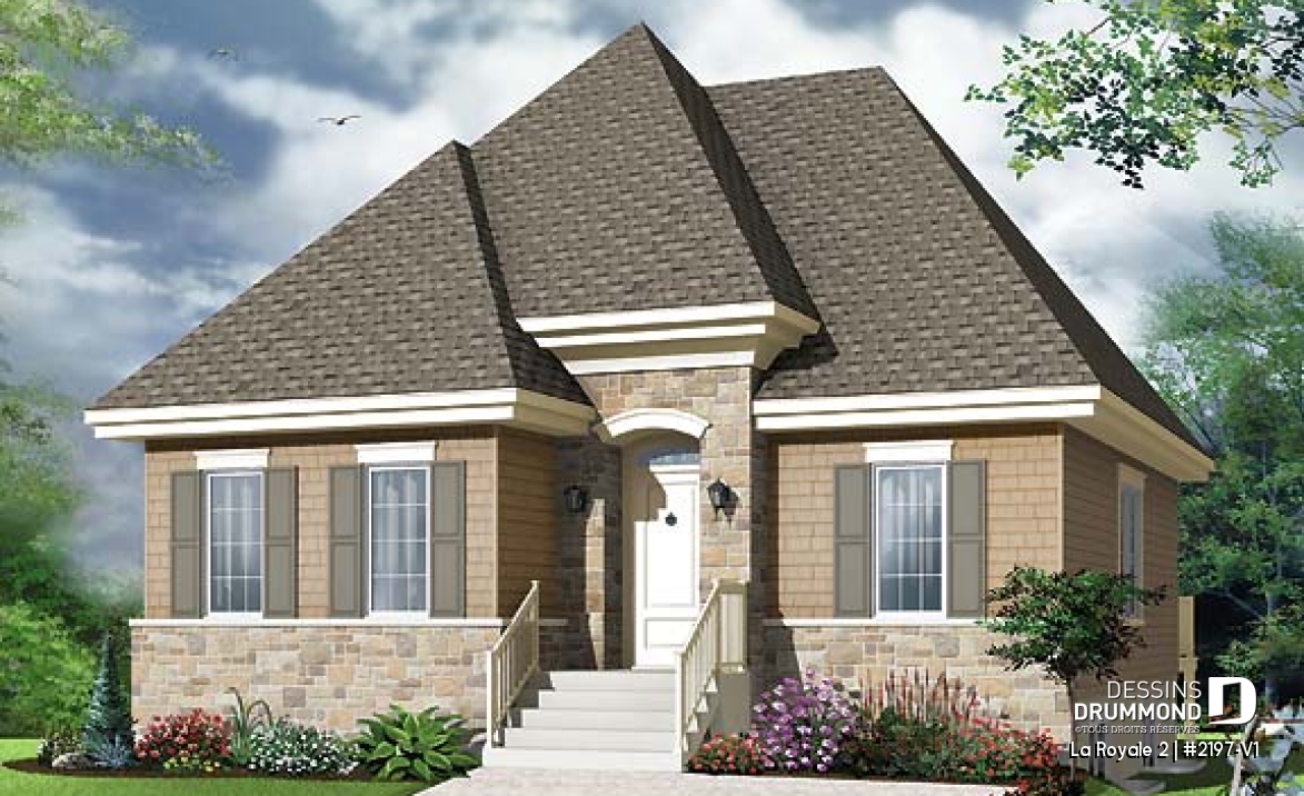 Vue avant - MODÈLE DE BASE - Plain-pied style Européen, 2 à 4 chambres selon la finition du sous-sol - La Royale 2