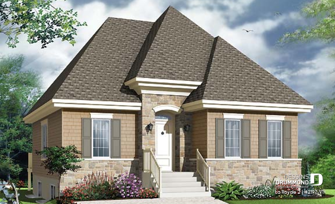 Vue avant - MODÈLE DE BASE - Plain-pied style Européen, 2 à 4 chambres selon la finition du sous-sol - La Royale 2