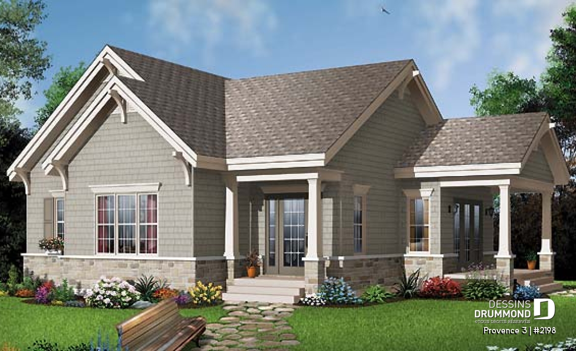 Vue avant - MODÈLE DE BASE - Petit bungalow abordable conçu pour baby-boomers, plafond 9', galerie couverte, buanderie, walk-in, vestibule - Provence 3
