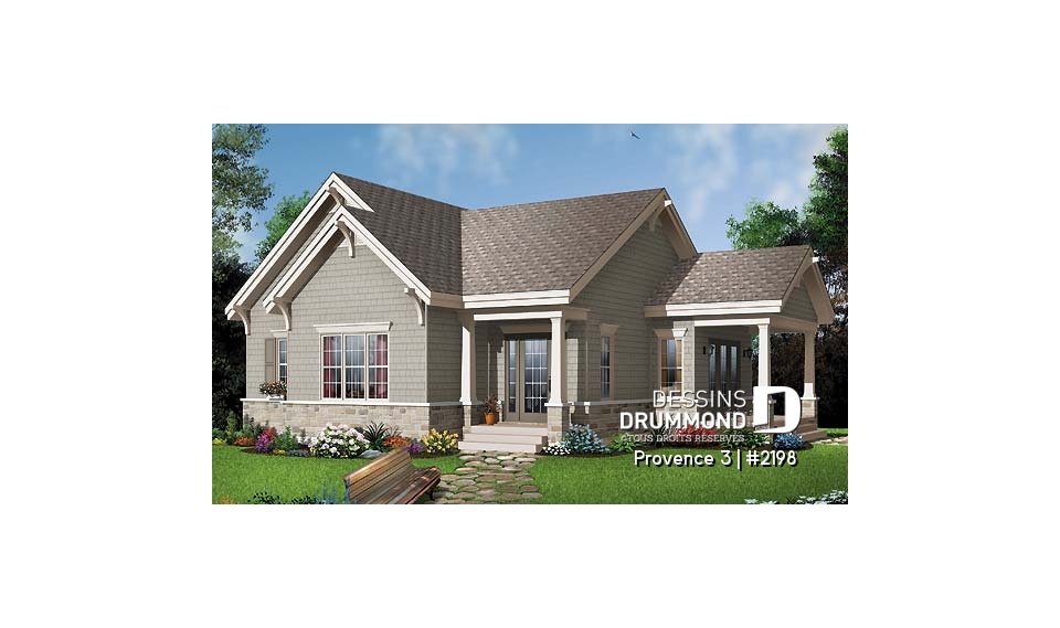 Vue avant - MODÈLE DE BASE - Petit bungalow abordable conçu pour baby-boomers, plafond 9', galerie couverte, buanderie, walk-in, vestibule - Provence 3