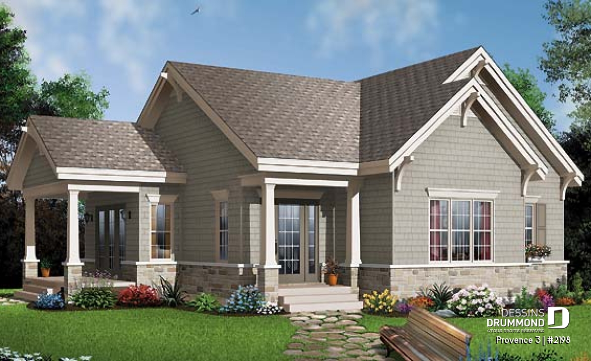 Vue avant - MODÈLE DE BASE - Petit bungalow abordable conçu pour baby-boomers, plafond 9', galerie couverte, buanderie, walk-in, vestibule - Provence 3