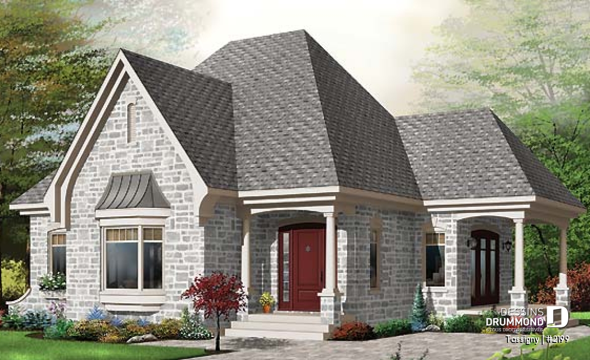 Vue avant - MODÈLE DE BASE - Petit bungalow style manoir conçu pour baby-boomer, une seule chambre et terrasse couverte - Tassigny